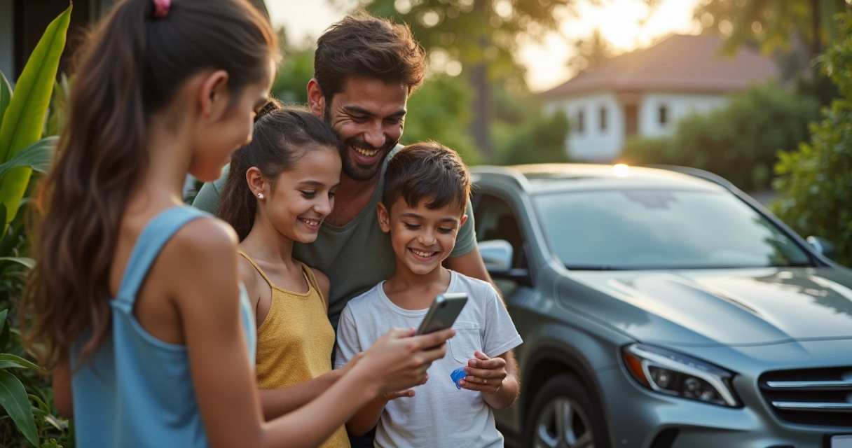 Família sorridente ao redor de um carro comemorando a conquista da nova CNH 