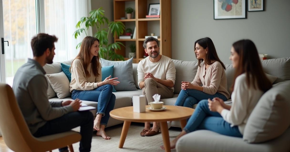 Sessão de coaching sistêmico com família sentada em círculo em sala de estar acolhedora 