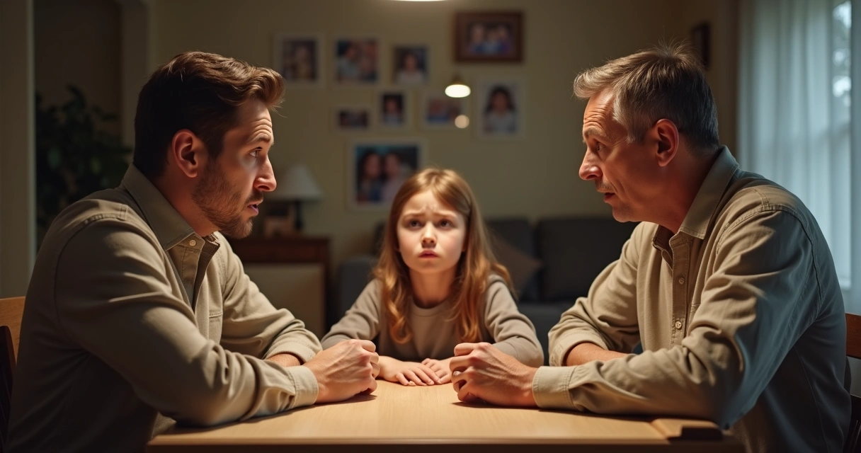 Família sentada à mesa, com adultos demonstrando insatisfação e tensão enquanto uma criança observa. 