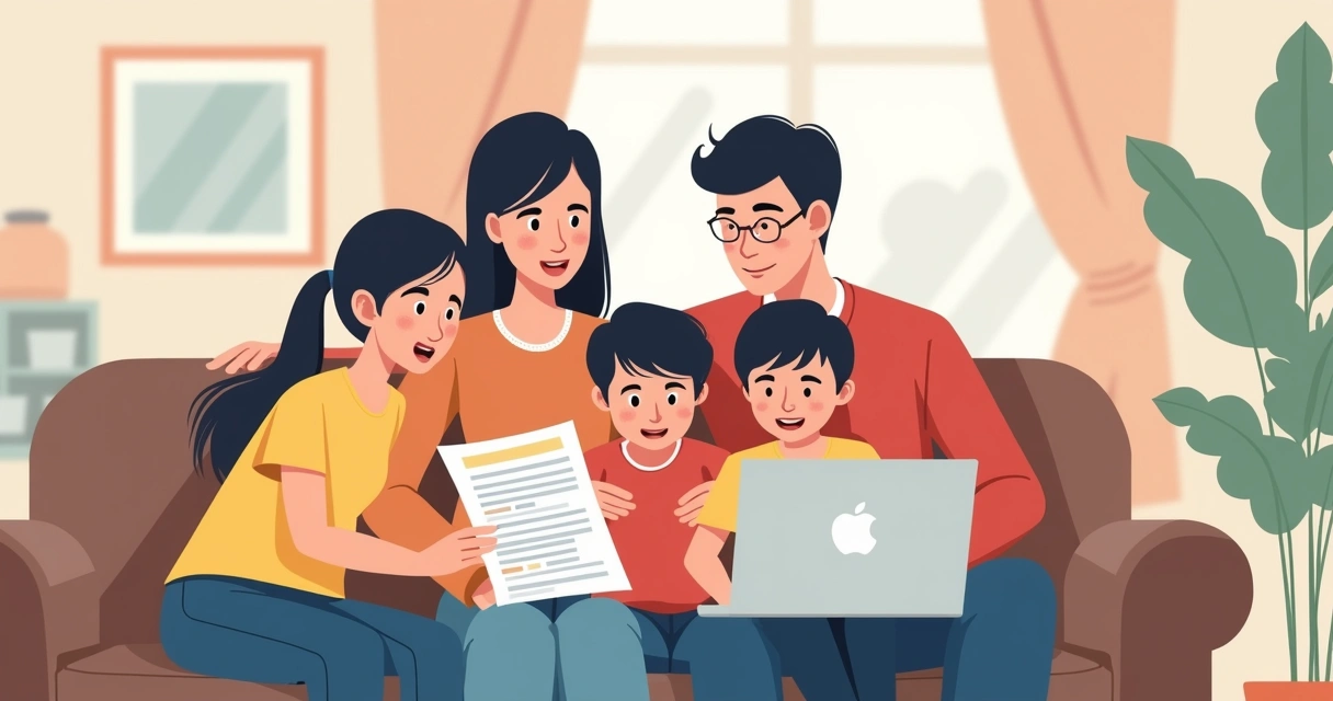 Família sentada no sofá revisando apólice de seguro de vida 