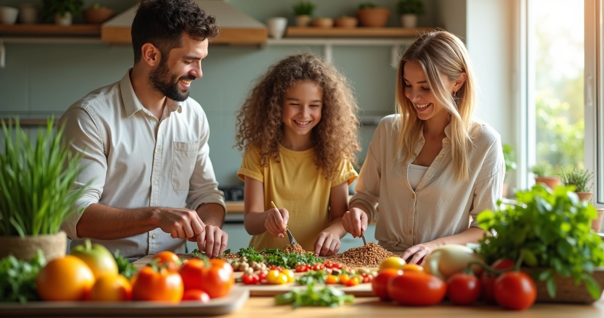 Familia preparando un plato sano en la cocina 