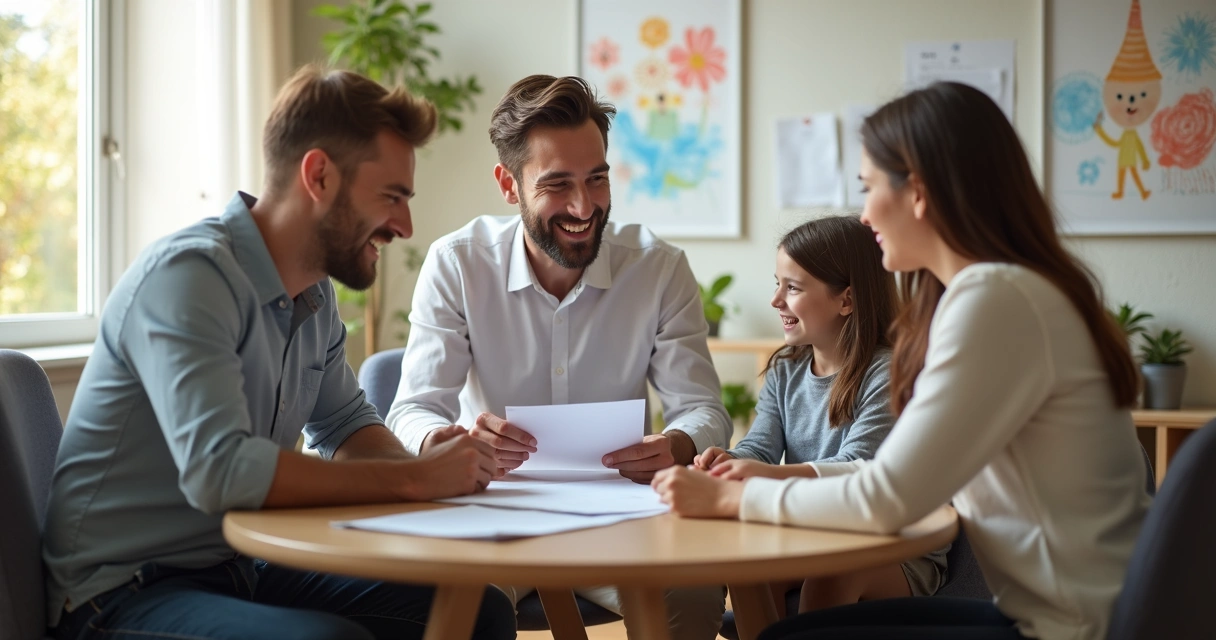 Família reunida sorrindo com advogado