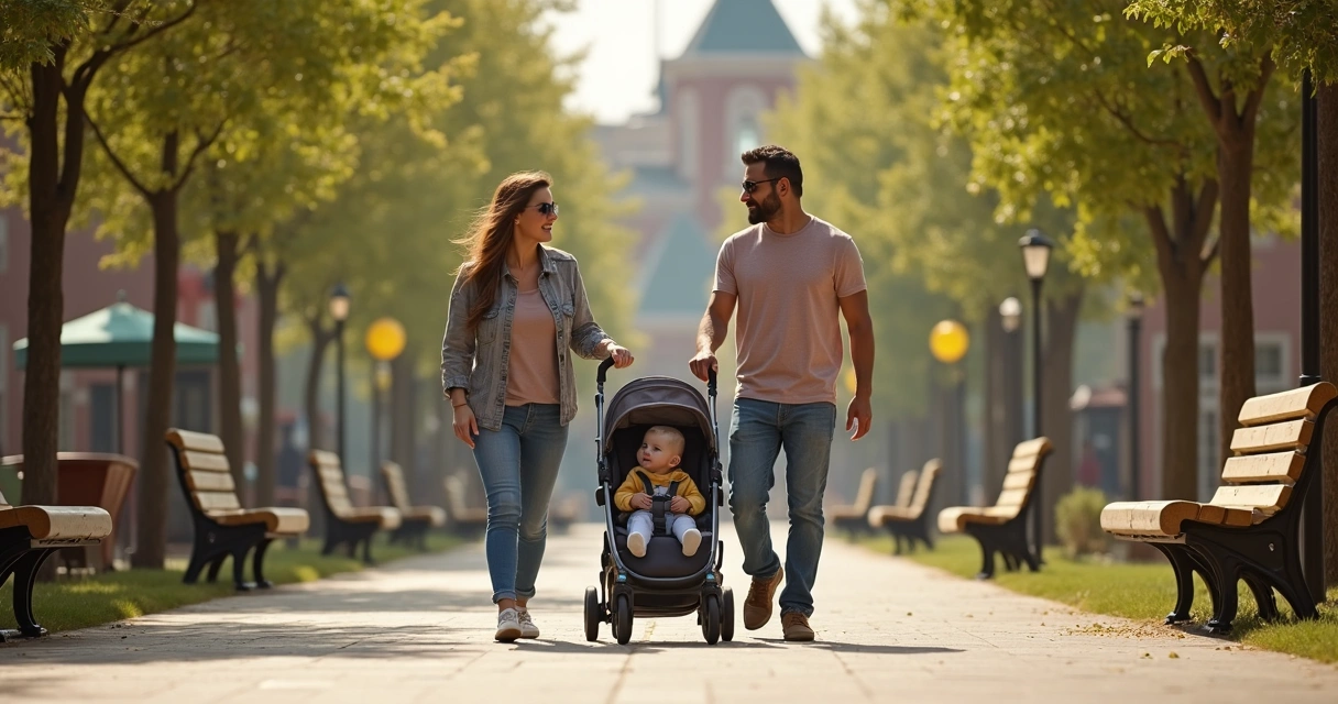Pais passeando com bebê em carrinho por parque temático com natureza ao redor 