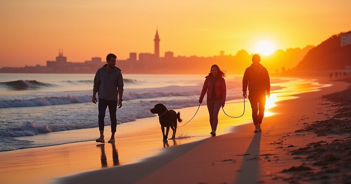 Família a passear com cão na praia do Porto