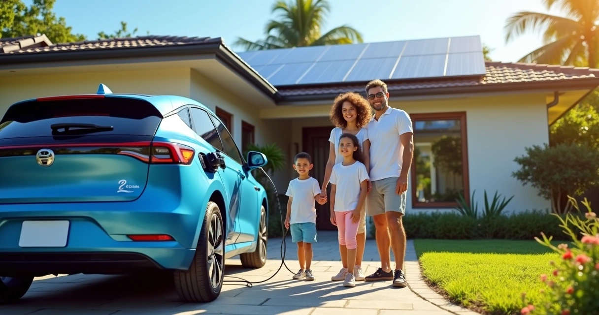 Família com carro elétrico sendo recarregado por painel solar em casa 