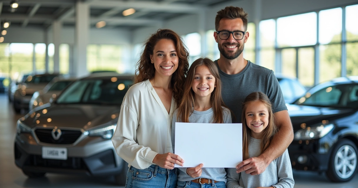 Família feliz segurando carta de crédito ao lado do novo carro 