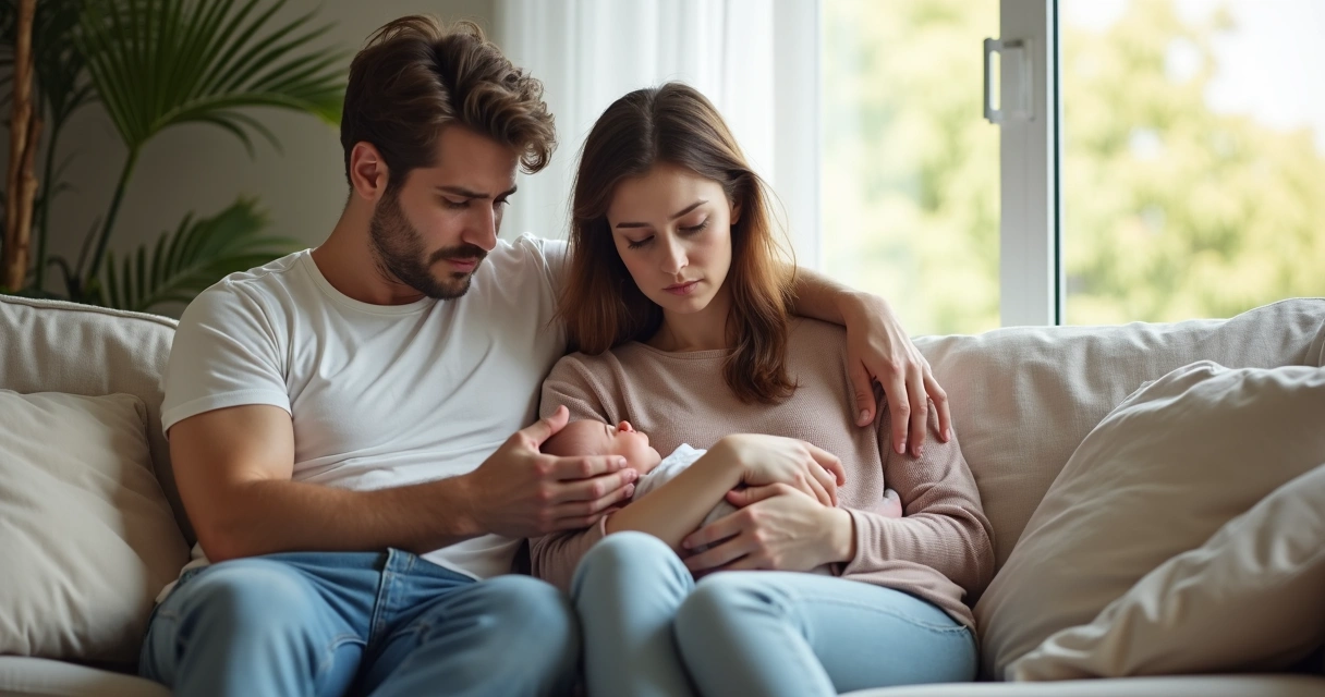 Família com bebê nos braços após falha de laqueadura