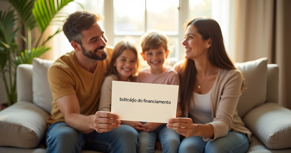 Família sentada em sofá sorridente olhando documento de quitação 