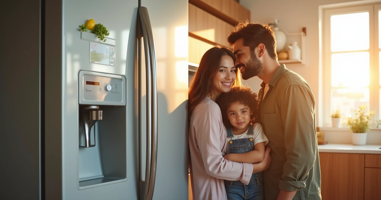 Família feliz ao lado de geladeira silenciosa 