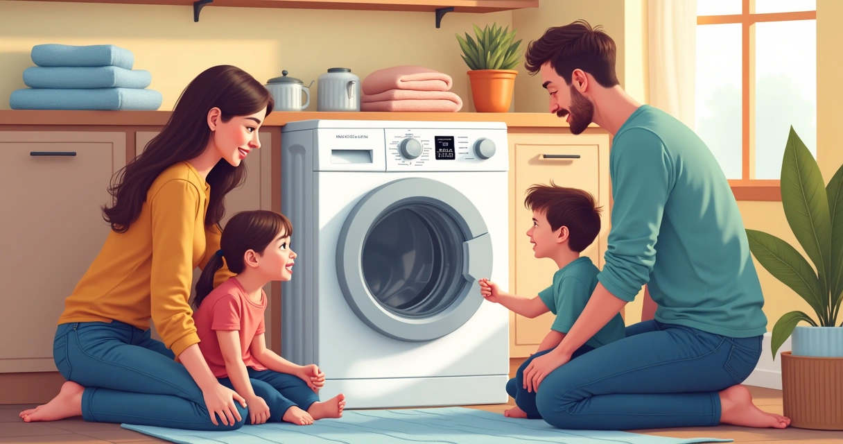 Família olhando máquina de lavar com código de erro 