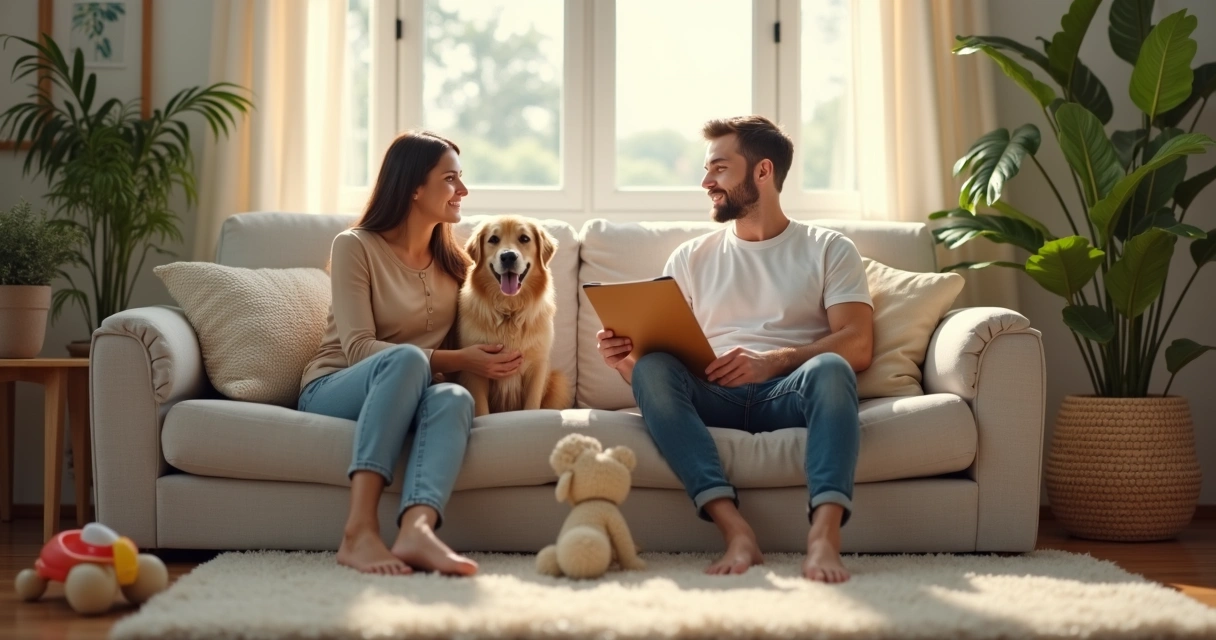Família com cachorro sentada no sofá em casa 