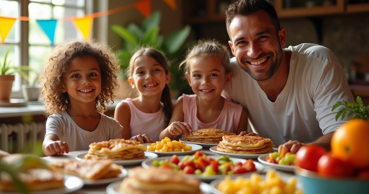 Família brasileira sorrindo em festa intimista, pessoas servindo-se de buffet de crepes 
