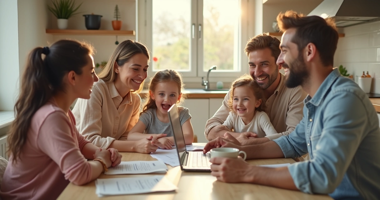 Família feliz reunida celebrando recebimento de aluguel