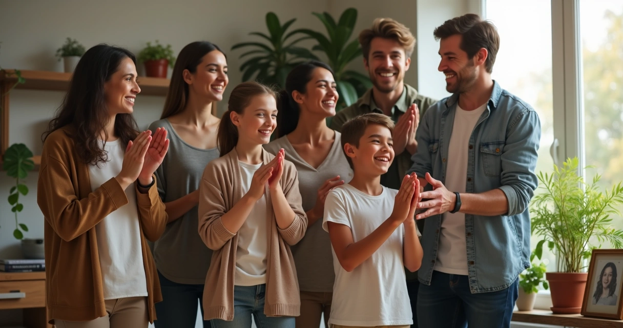 Família diversa comemorando conquista juntos em sala de estar 