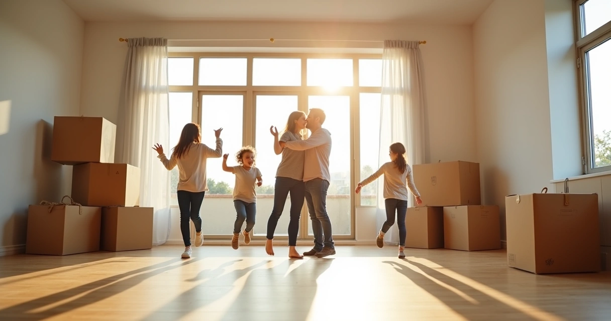 Família comemorando dentro da nova casa 