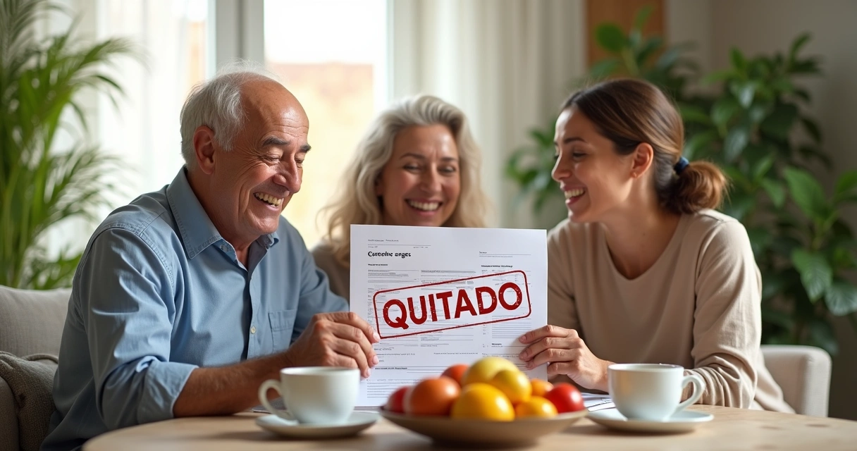 Família feliz reunida em casa após quitação do imóvel 