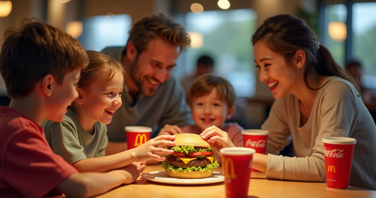 Família sorrindo enquanto experimenta Big Mac Plant em mesa de fast food 
