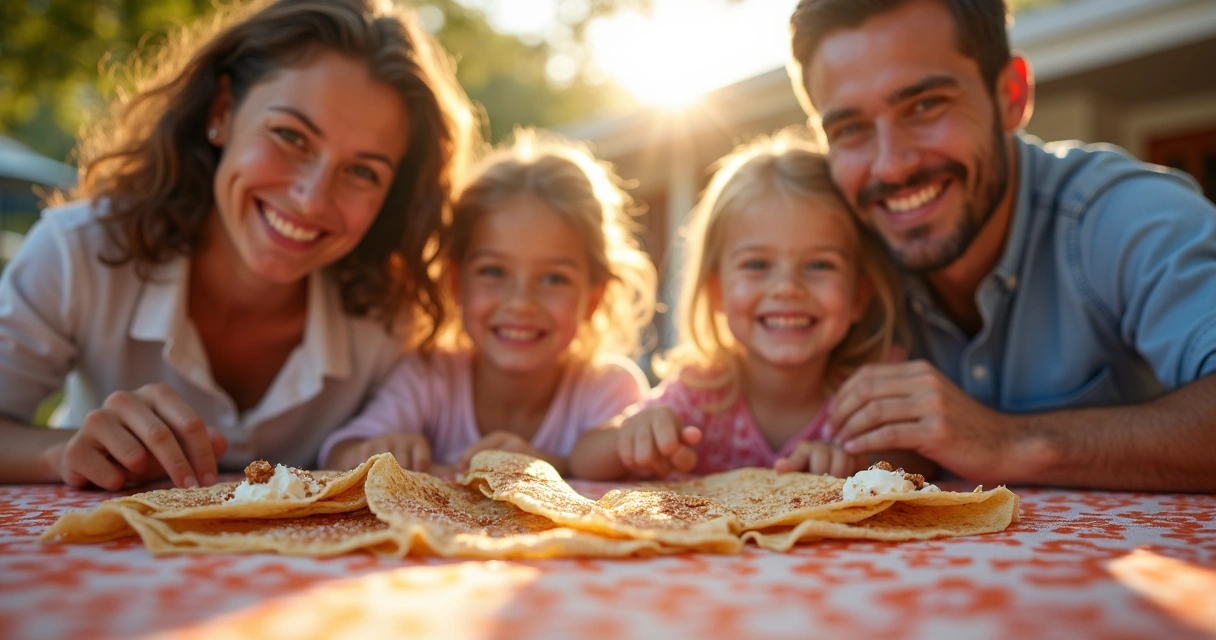 Família sorrindo comendo crepe em Orlando 
