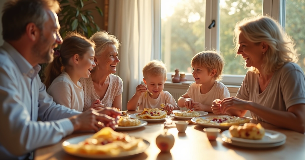 Família sorridente sentada à mesa saboreando crepes doces com sobremesas francesas 