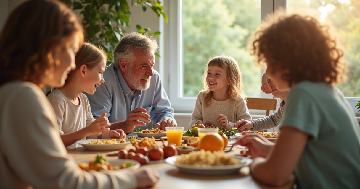 Família reunida à mesa durante uma refeição atenta e tranquila 