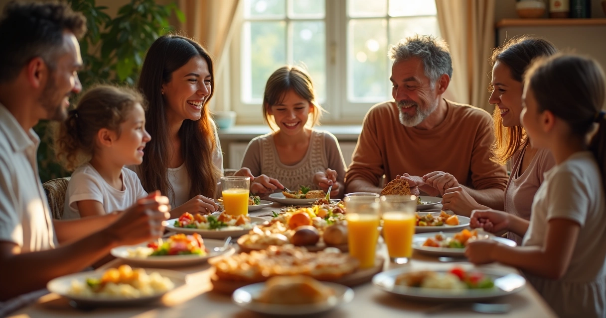 Família reunida à mesa com alimentos variados 