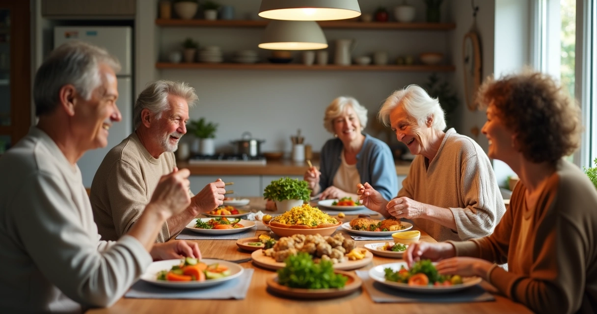 Família reunida jantando em torno de uma mesa de madeira 