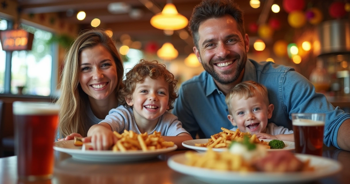 Família sentada comendo em restaurante temático de Orlando 