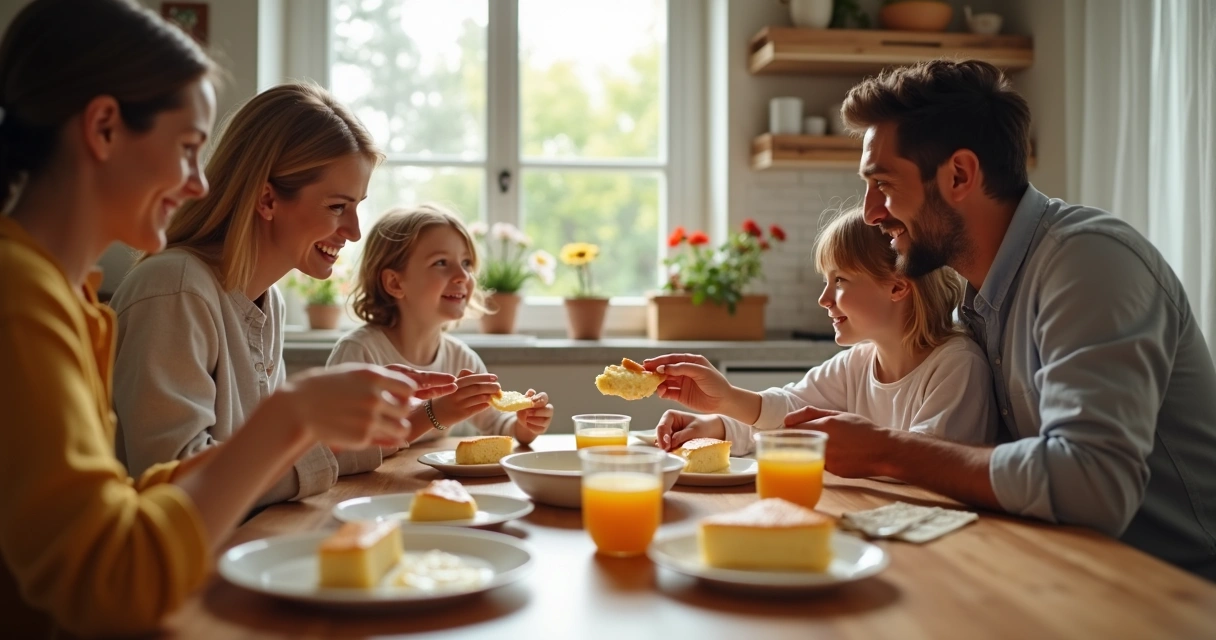 Família brasileira reunida na mesa apreciando pudim tradicional 
