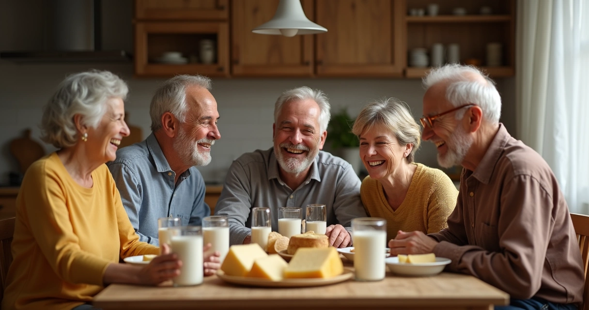 Família reunida à mesa com variedade de queijos e leite 