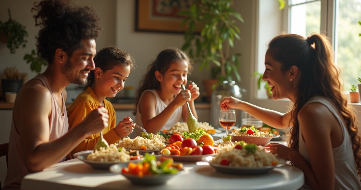 Família reunida em torno da mesa praticando alimentação consciente 