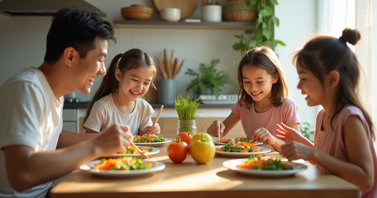 Família reunida à mesa com pratos de salada com cenoura 