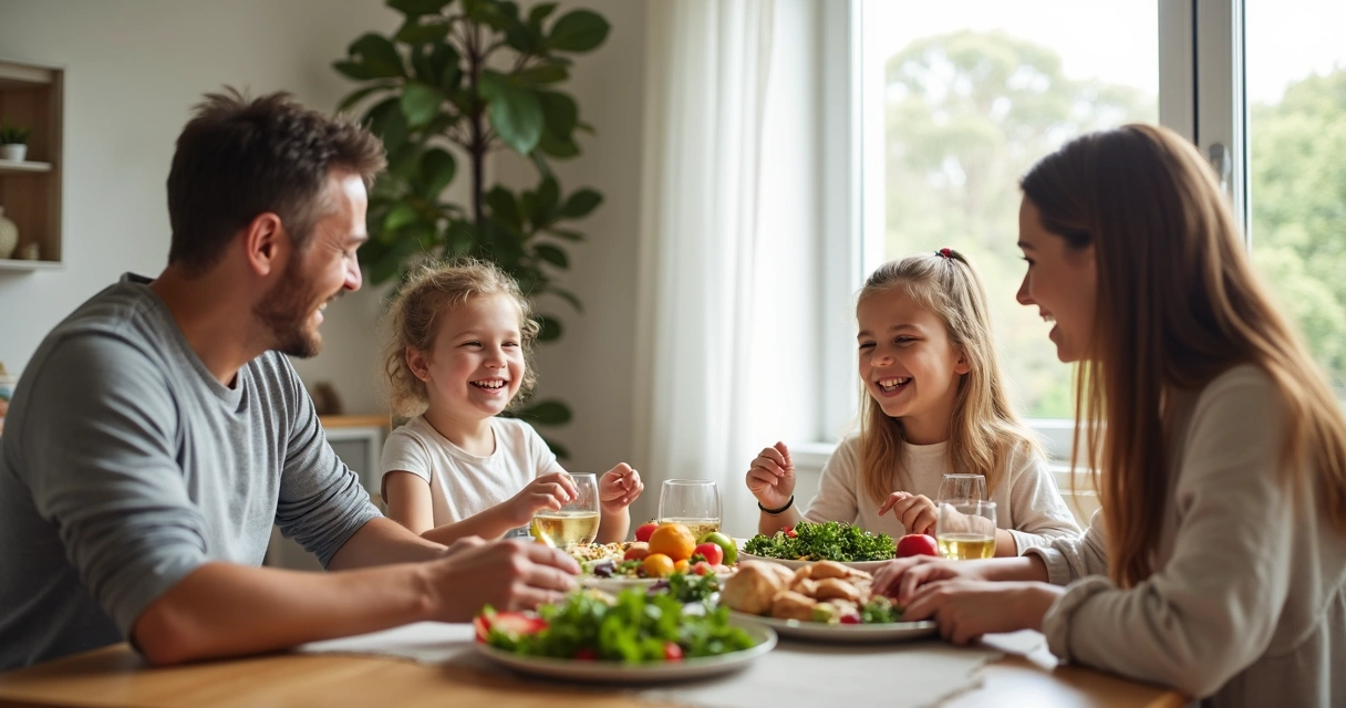 Família reunida comendo juntos alimentos saudáveis 
