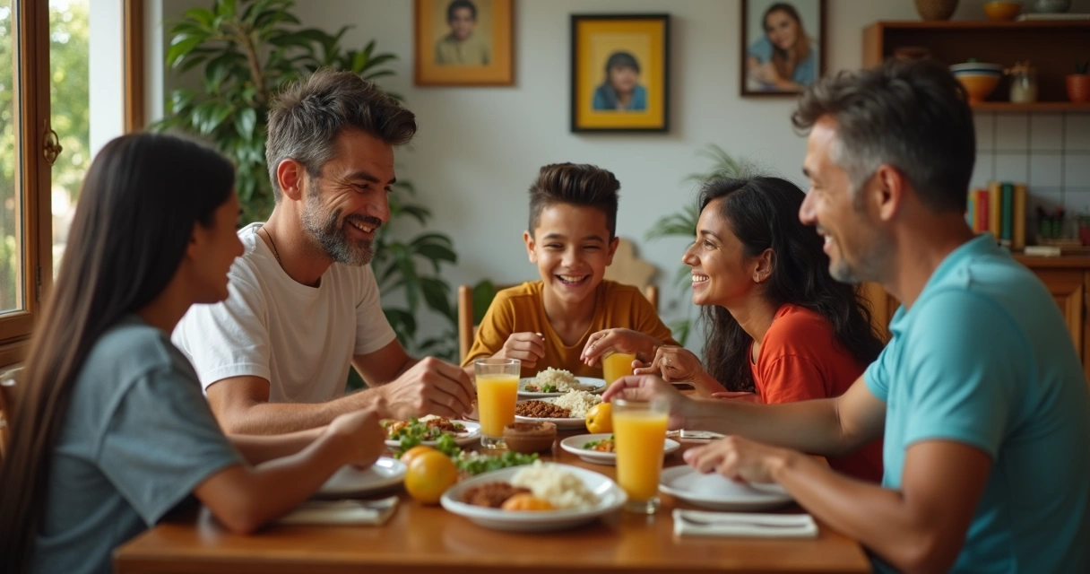 Família brasileira reunida para refeição típica em casa 