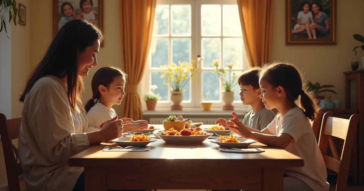 Familia sentada en la mesa compartiendo una comida juntos 