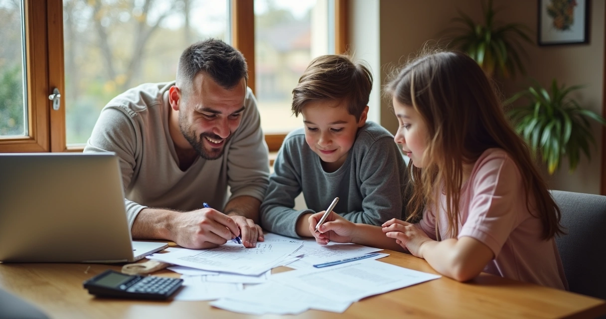 Família sentada à mesa analisando documentos de financiamento 
