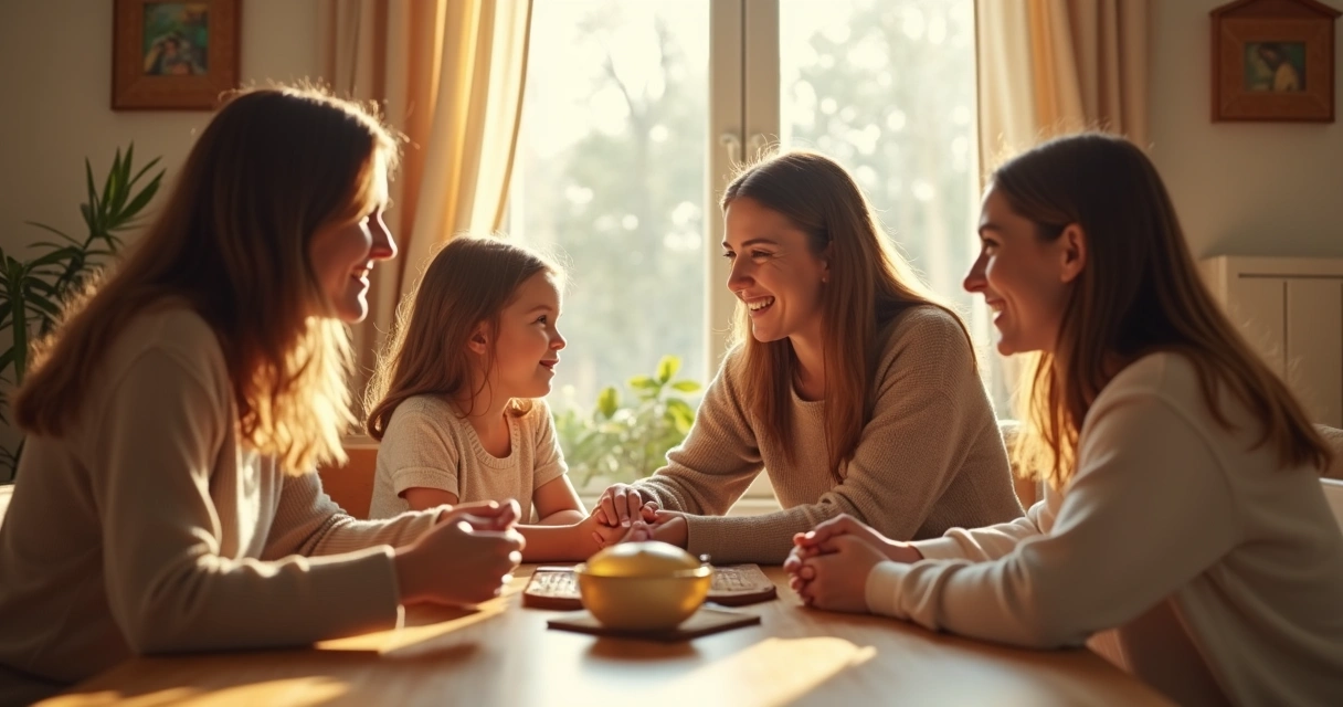 Uma família sentada ao redor de uma mesa, sorrindo e trocando olhares afetivos 