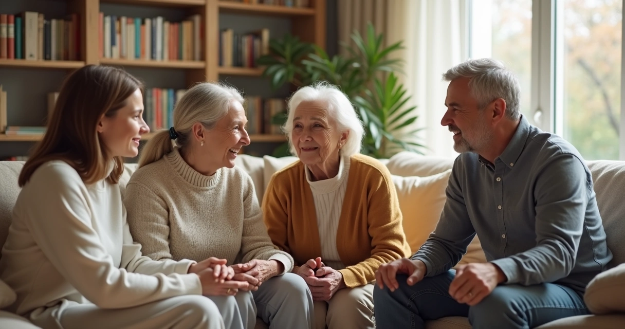 Família sentada em círculo conversando de forma aberta 