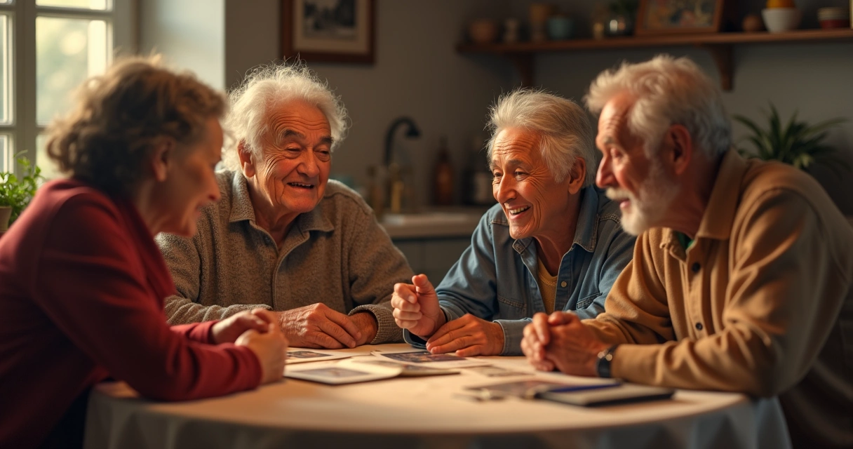Família sentada ao redor da mesa, sorrindo e compartilhando lembranças