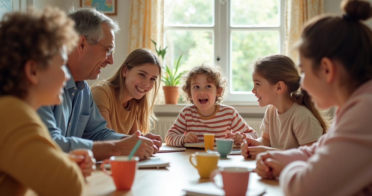 Família reunida à mesa compartilhando sonhos 