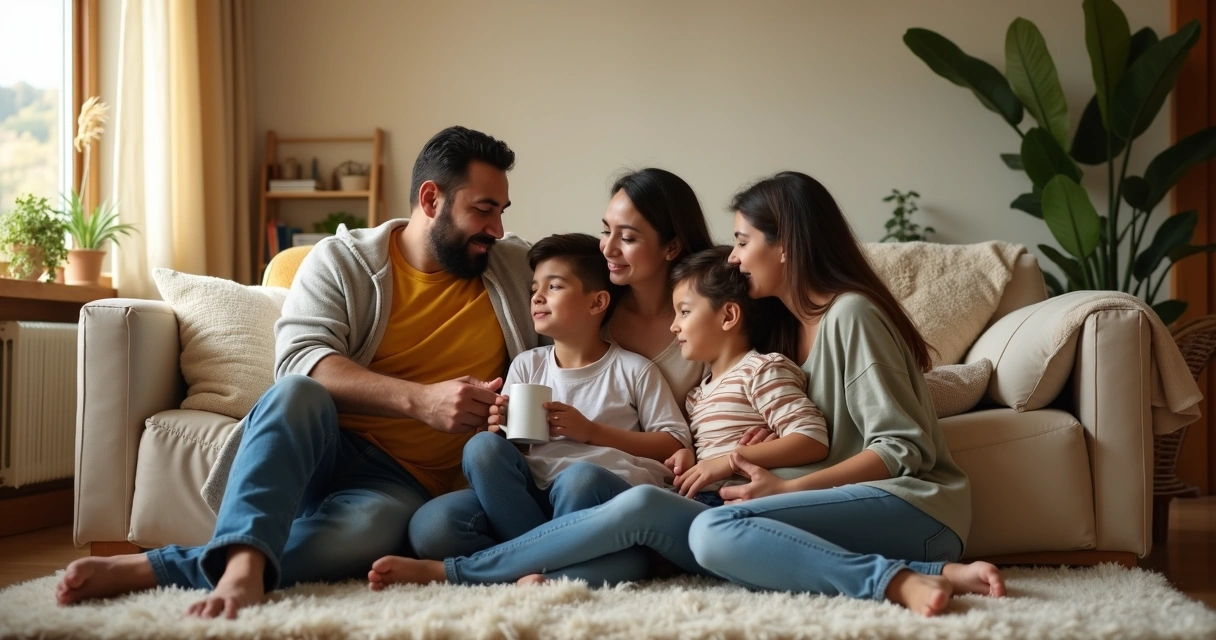 Familia sentada en círculo en la sala compartiendo un momento de compasión 