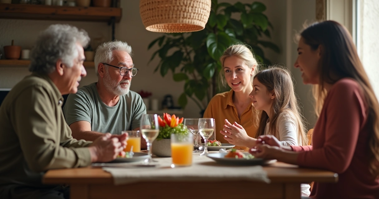 Família reunida de várias gerações conversando à mesa de jantar 