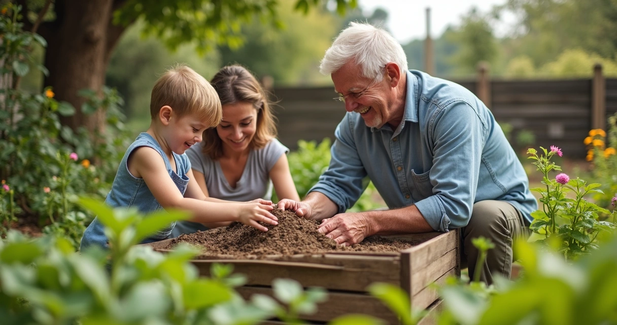 Familia haciendo compostaje en pequeña huerta en casa 