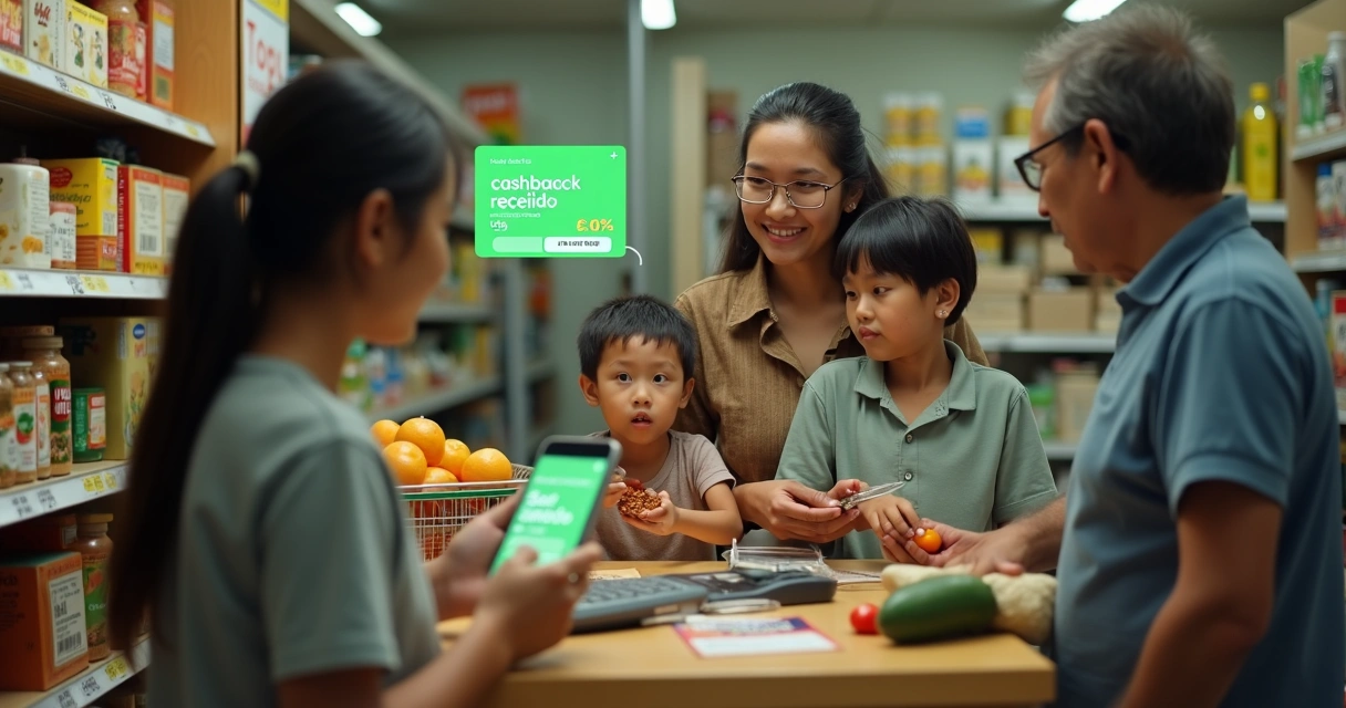 Família de baixa renda em mercado popular recebendo benefício de cashback na compra 