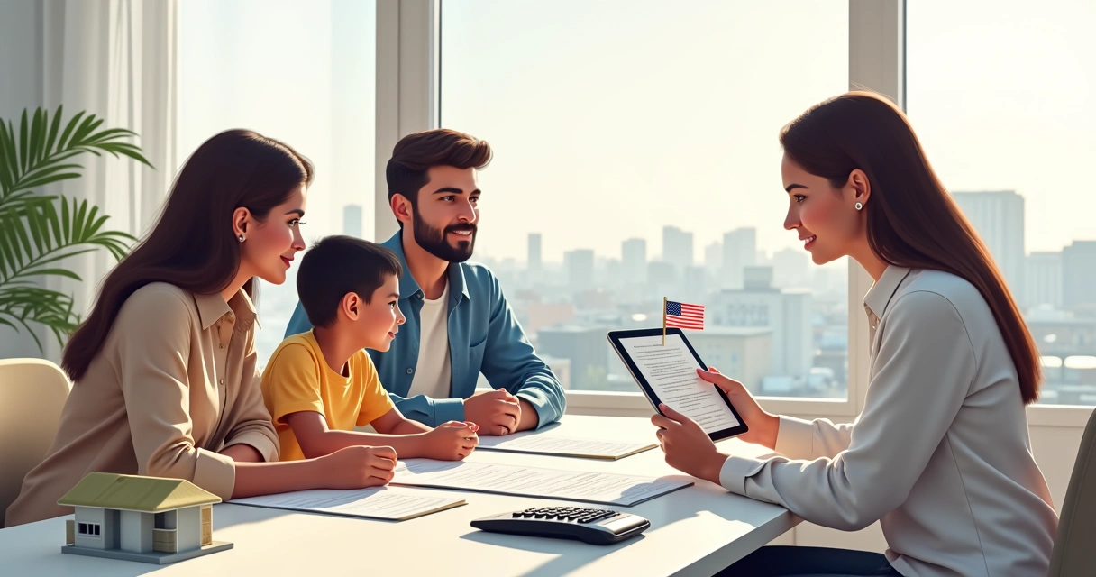 Happy family discussing home purchase with real estate consultant in the U.S. 