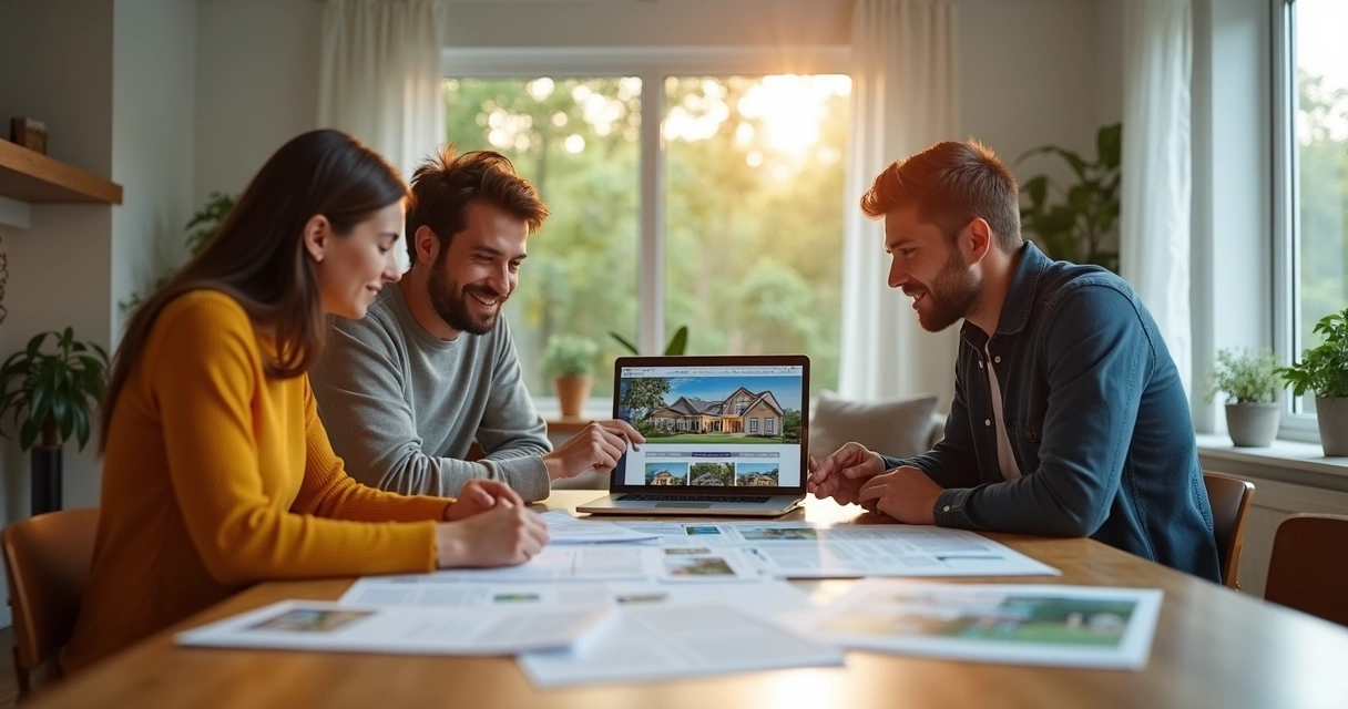 Família analisando documentos de imóvel em mesa de sala 