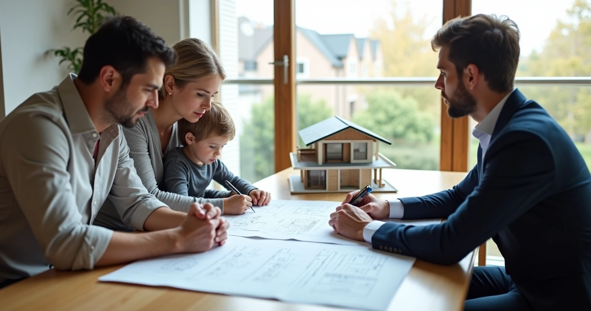 Família analisando plantas de imóvel novo numa mesa com corretor 