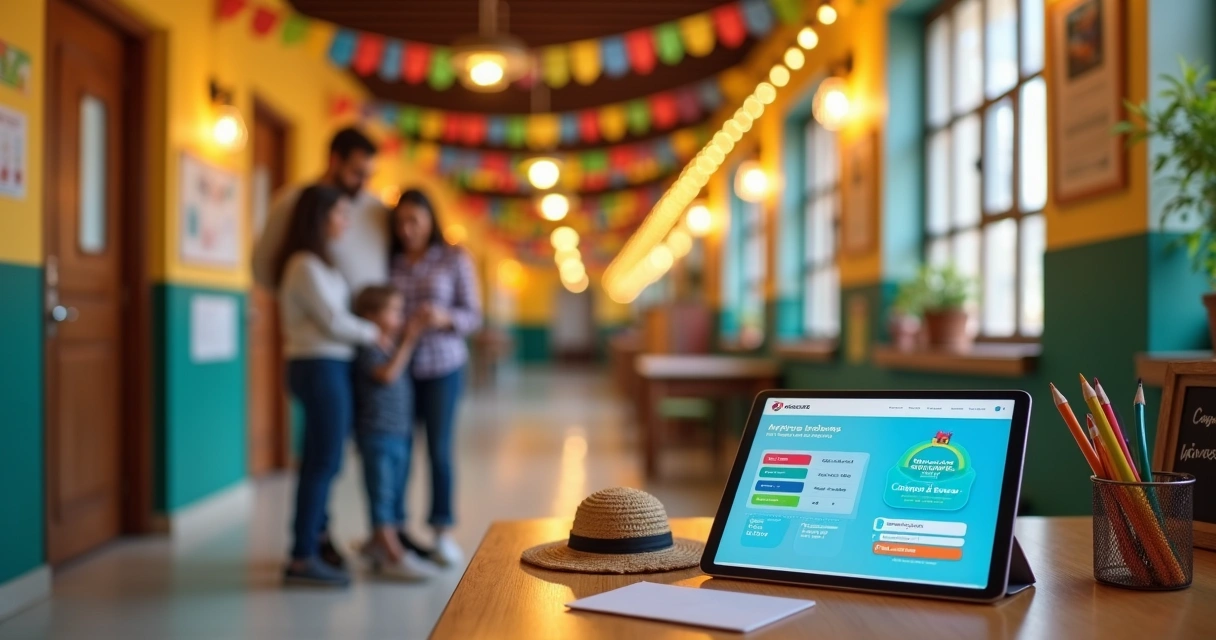 Família compra ingressos de festa junina escolar em tablet com escola decorada ao fundo 
