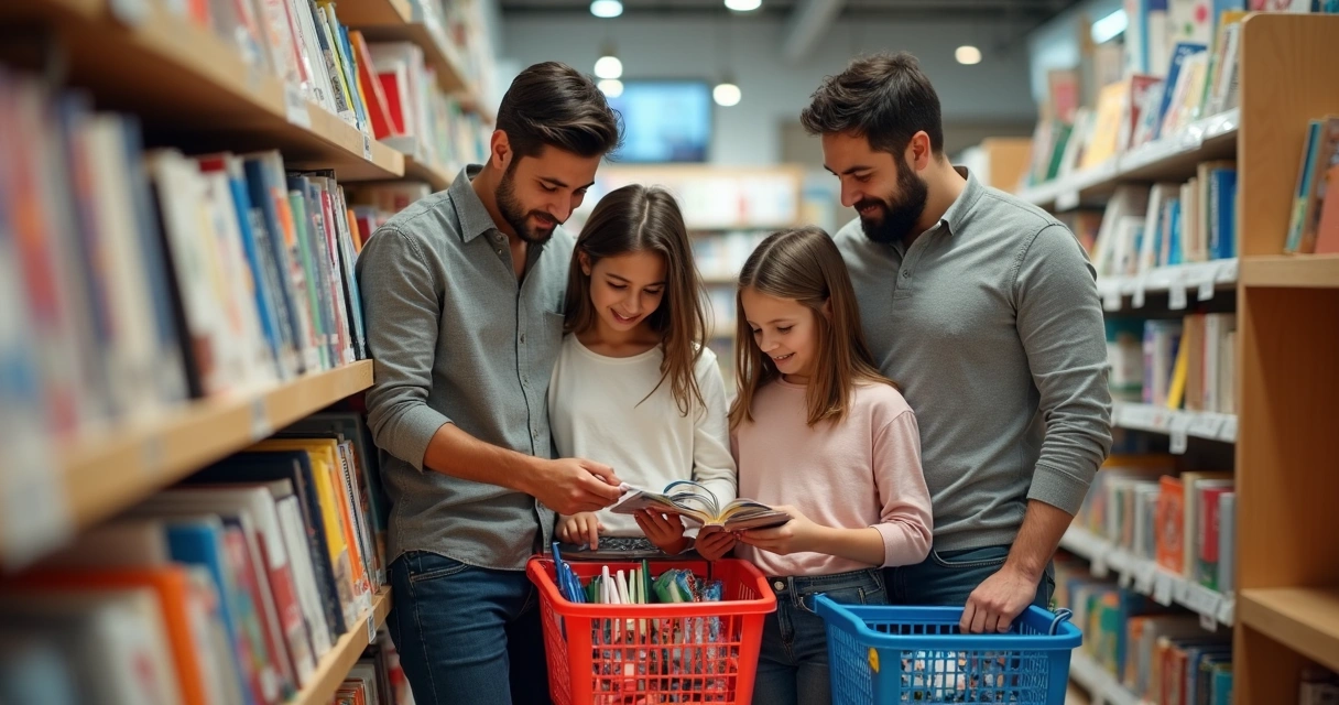 Família na papelaria comprando material escolar 