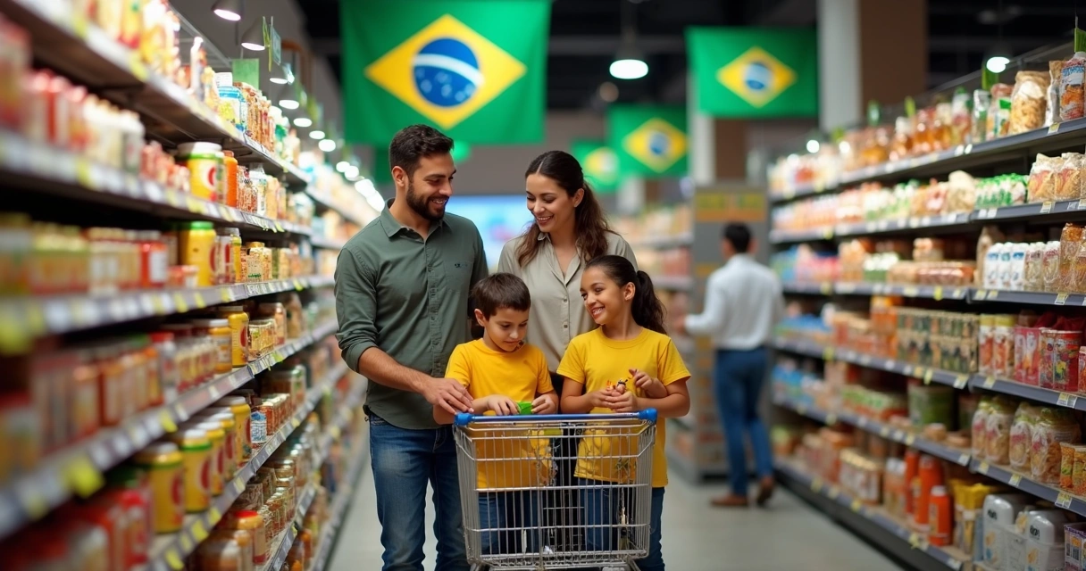 Família brasileira fazendo compras juntos em supermercado em Orlando 