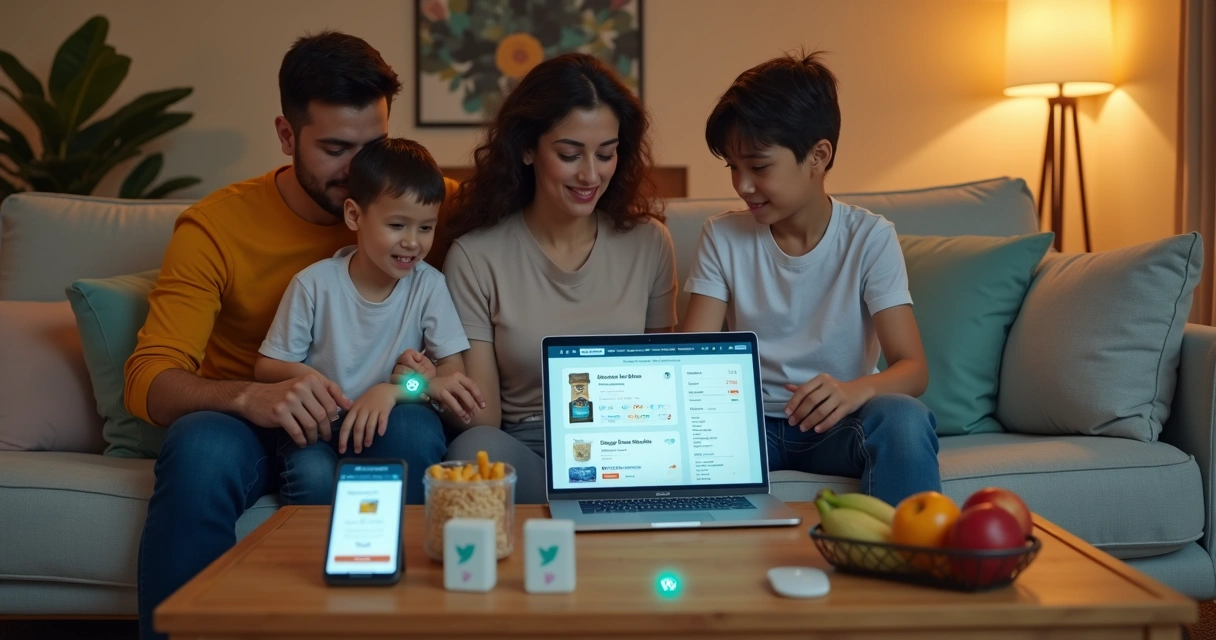Família brasileira no sofá fazendo compras de mercado online no notebook 